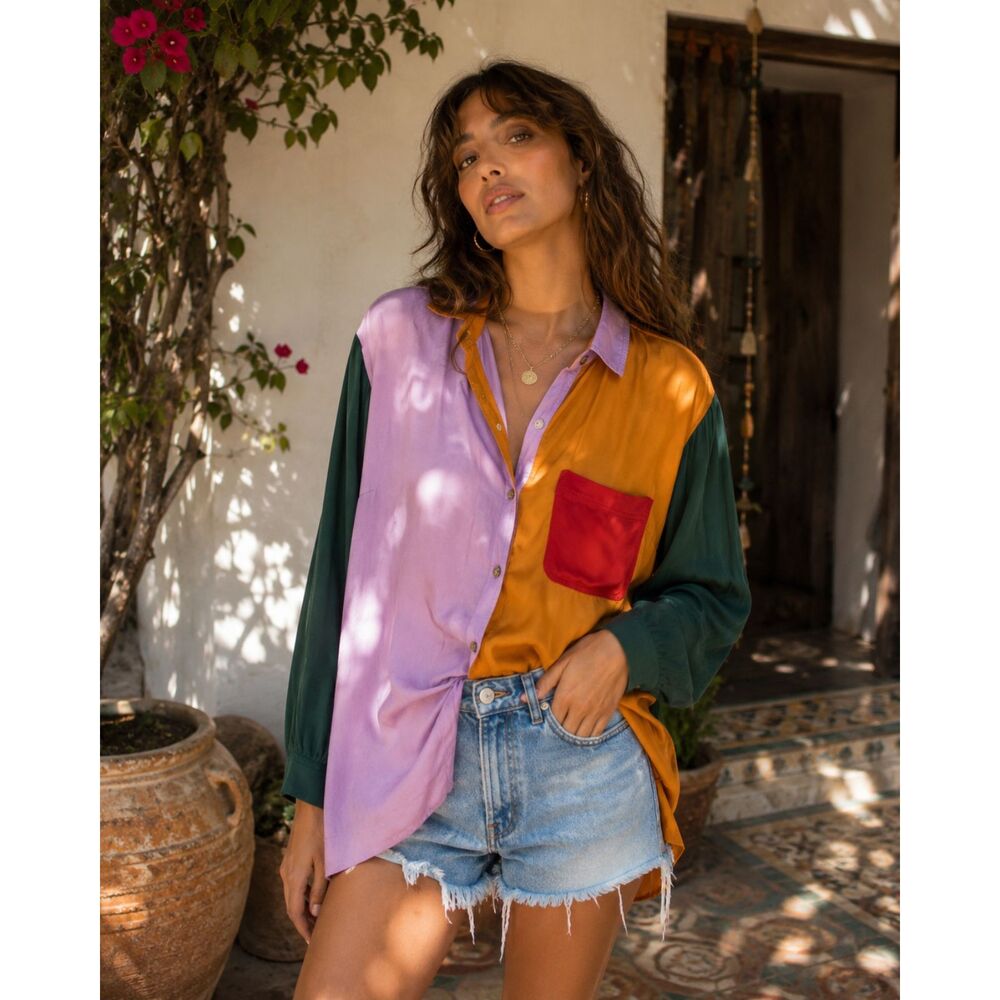 FARM Rio Multicolor Color Block Button Up Shirt Top Blouse  Women's Size Medium